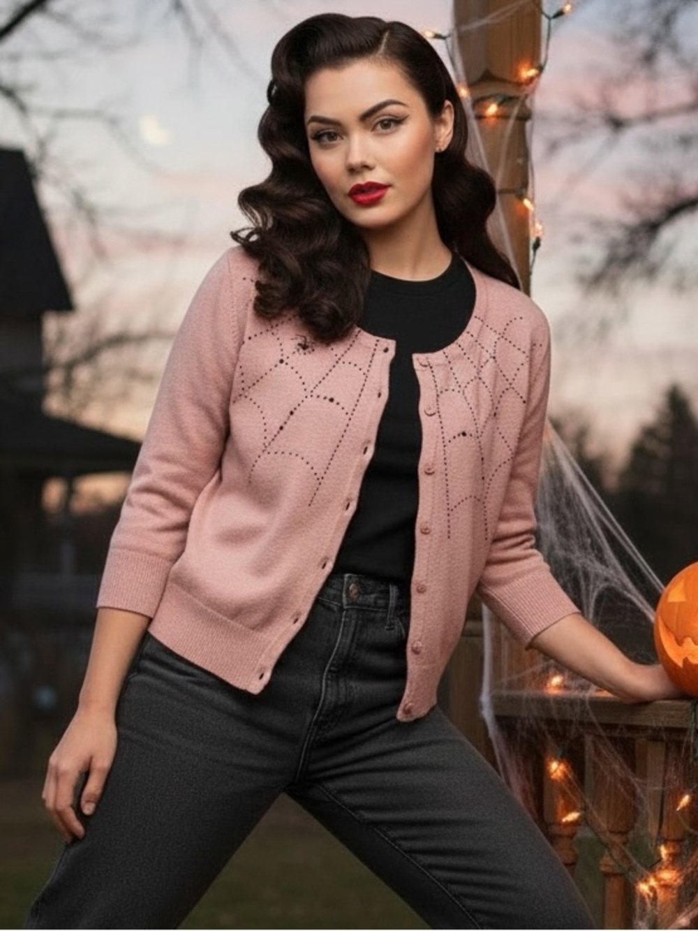 Rare Mischief Made Dusty Pink Button-Up Cardigan with Web Motif, XL, EUC